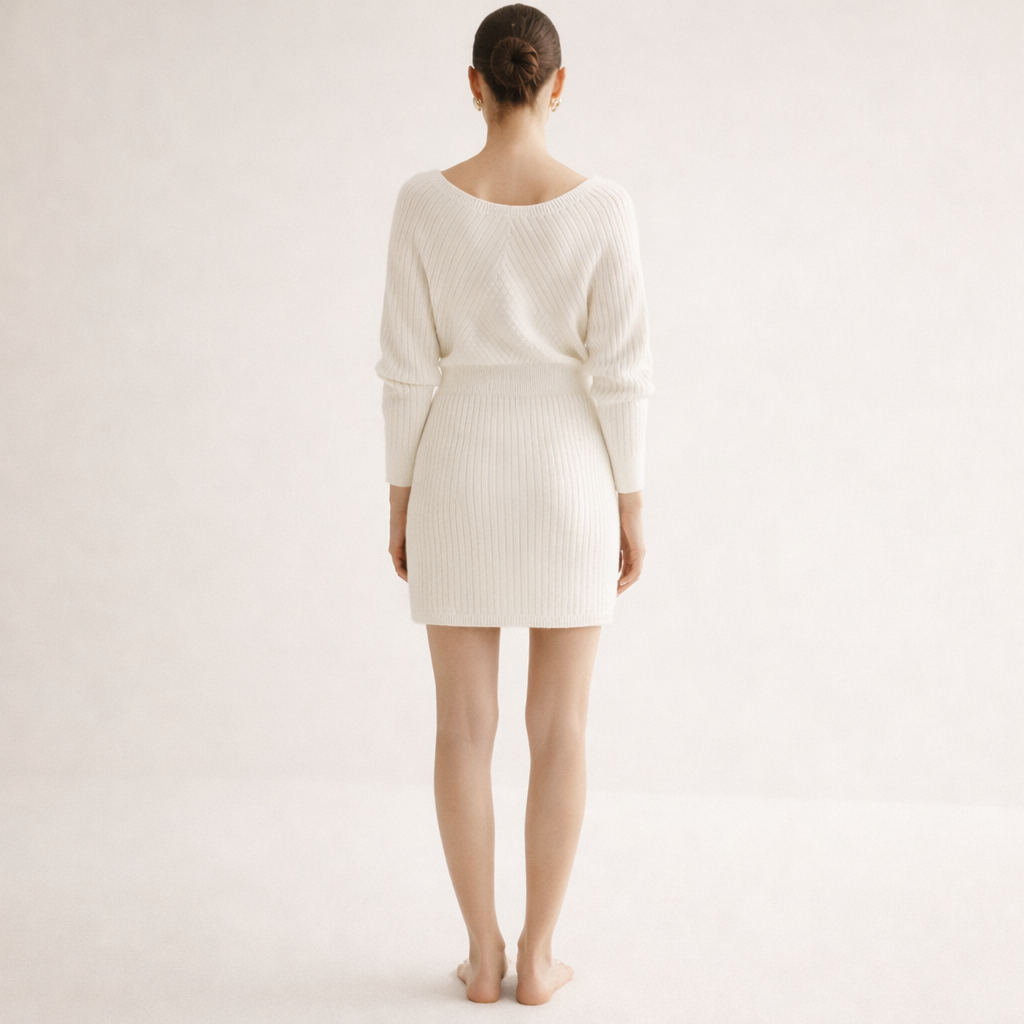 White ribbed wrap dress with long sleeves