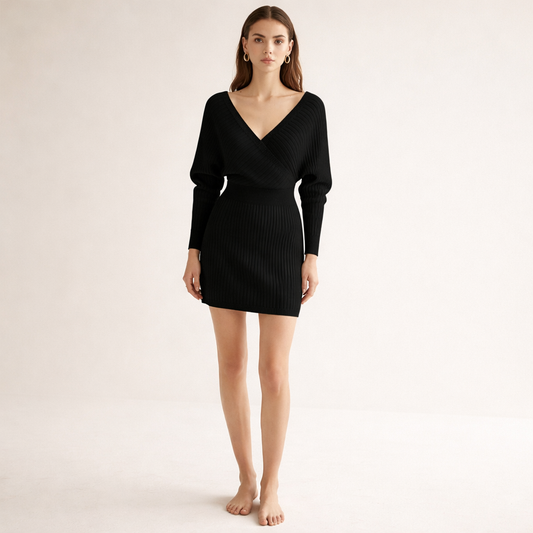 Black ribbed wrap dress with long sleeves