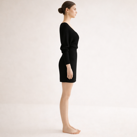 Black ribbed wrap dress with long sleeves