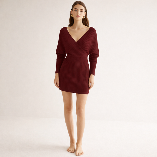 Bordeaux Red ribbed wrap dress with long sleeves