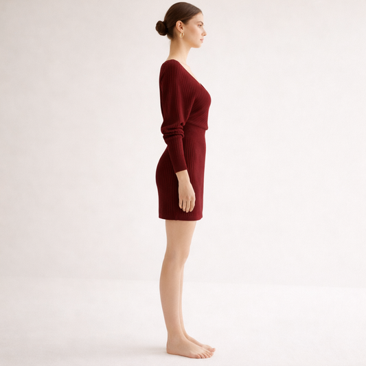 Bordeaux Red ribbed wrap dress with long sleeves