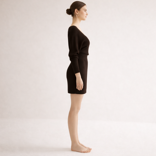 Dark Brown ribbed wrap dress with long sleeves