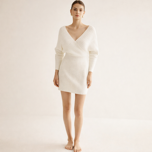 White ribbed wrap dress with long sleeves