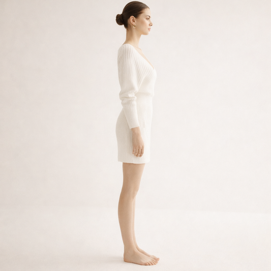 White ribbed wrap dress with long sleeves